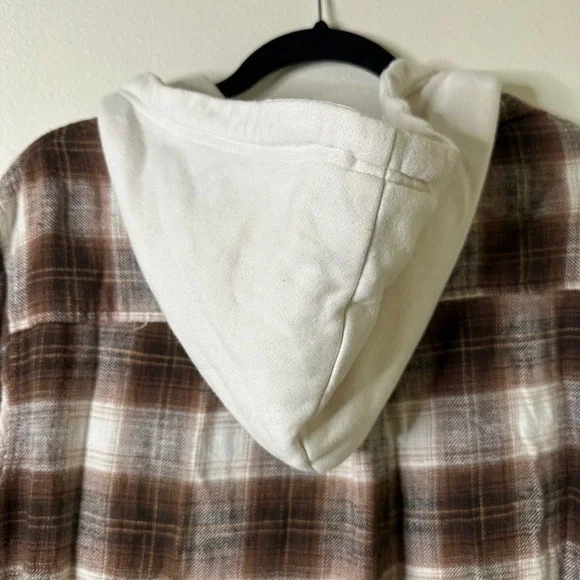 Y2K American Eagle Outfitters Flannel Plaid Button Up Hoodie Shirt Brown White M - Picture 7 of 8